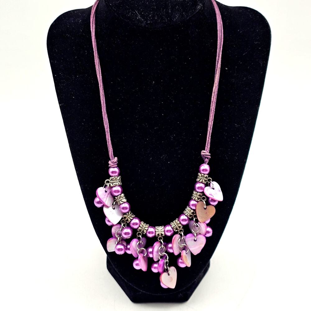Purple Beaded Heart Charm Necklace Adjustable Lobster Clasp Cute Y2K Jewelry
